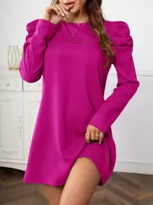 SHEIN Clasi 素色氣眼蕾絲花邊羊腿袖連衣裙 - 玫紅色 - 查看 1