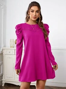 SHEIN Clasi 素色氣眼蕾絲花邊羊腿袖連衣裙 - 玫紅色 - 查看 4