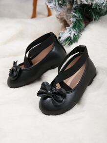 Girls Bow Decor Ankle Strap Flats - Black - View 2