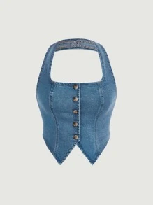 SHEIN MOD Button Front Halter Neck Denim Top - Light Wash - View 2