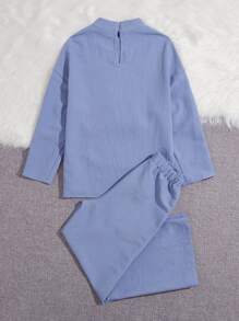 SHEIN Girls Letter Patched Tee & Trousers Set - Dusty Blue - View 2