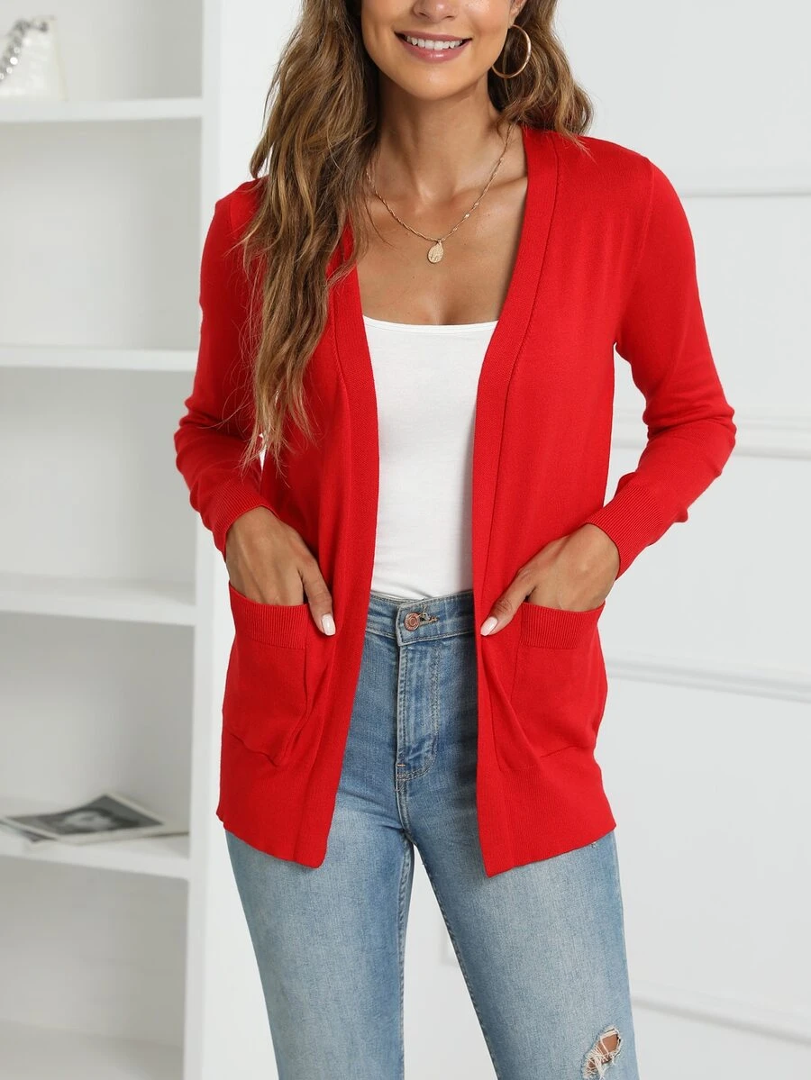 AAmilife Dual Pocket Casual Design Cardigan - Red - View 1