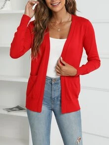 AAmilife Dual Pocket Casual Design Cardigan - Red - View 5