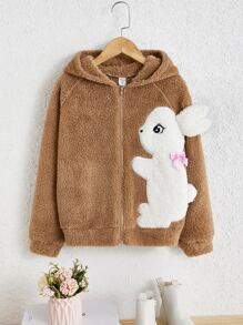 SHEIN Girls Cartoon Embroidery Raglan Sleeve Hooded Flannel Jacket - Brown - View 1