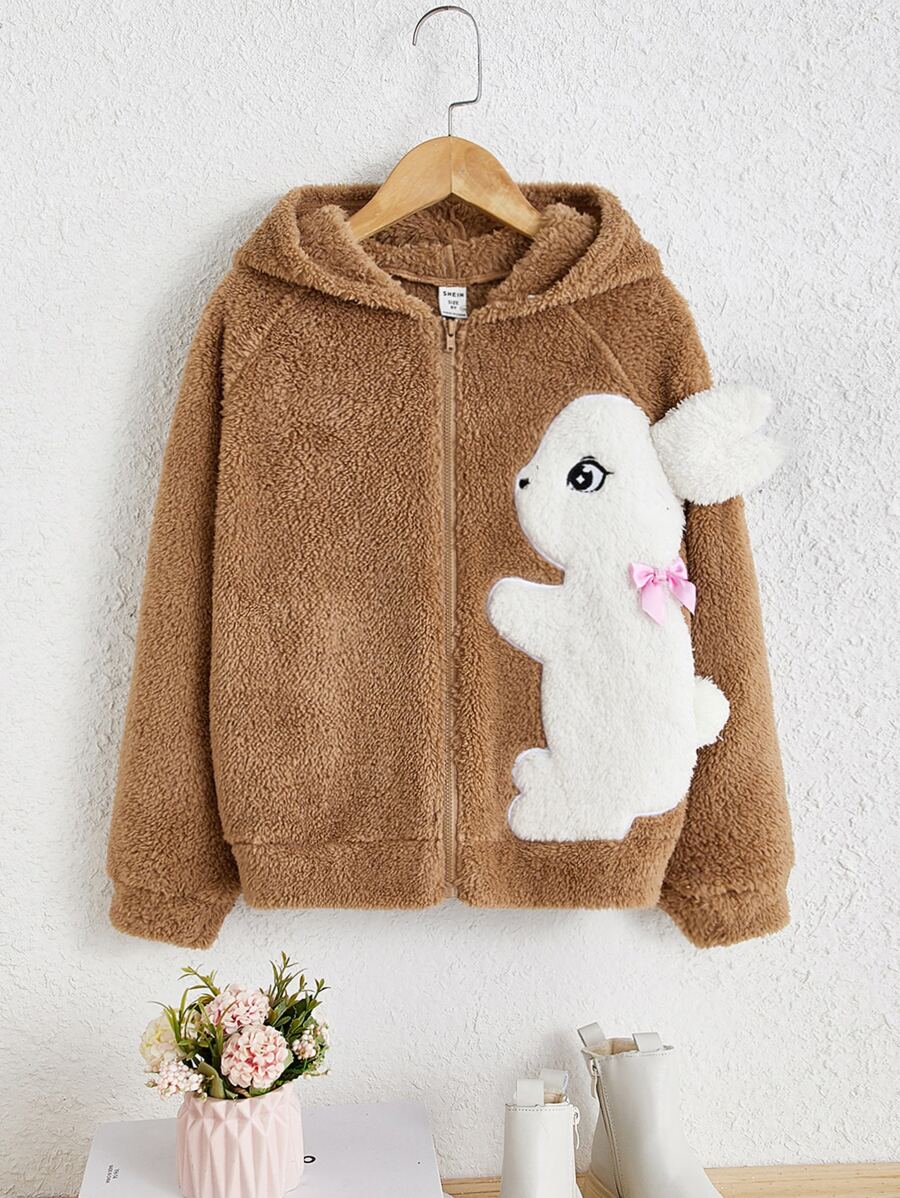 SHEIN Girls Cartoon Embroidery Raglan Sleeve Hooded Flannel Jacket - Brown - View 1