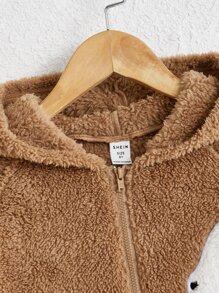 SHEIN Girls Cartoon Embroidery Raglan Sleeve Hooded Flannel Jacket - Brown - View 3