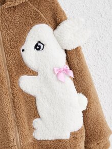 SHEIN Girls Cartoon Embroidery Raglan Sleeve Hooded Flannel Jacket - Brown - View 4