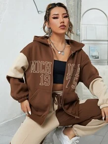 INAWLY Letter Graphic Zip Up Drop Shoulder Hoodie - Multicolor - View 1