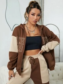 INAWLY Letter Graphic Zip Up Drop Shoulder Hoodie - Multicolor - View 4