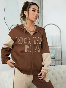 INAWLY Letter Graphic Zip Up Drop Shoulder Hoodie - Multicolor - View 5