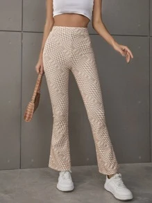 Glamaker Geo Print High Waist Boot-Cut Leg Trousers - Apricot - View 1