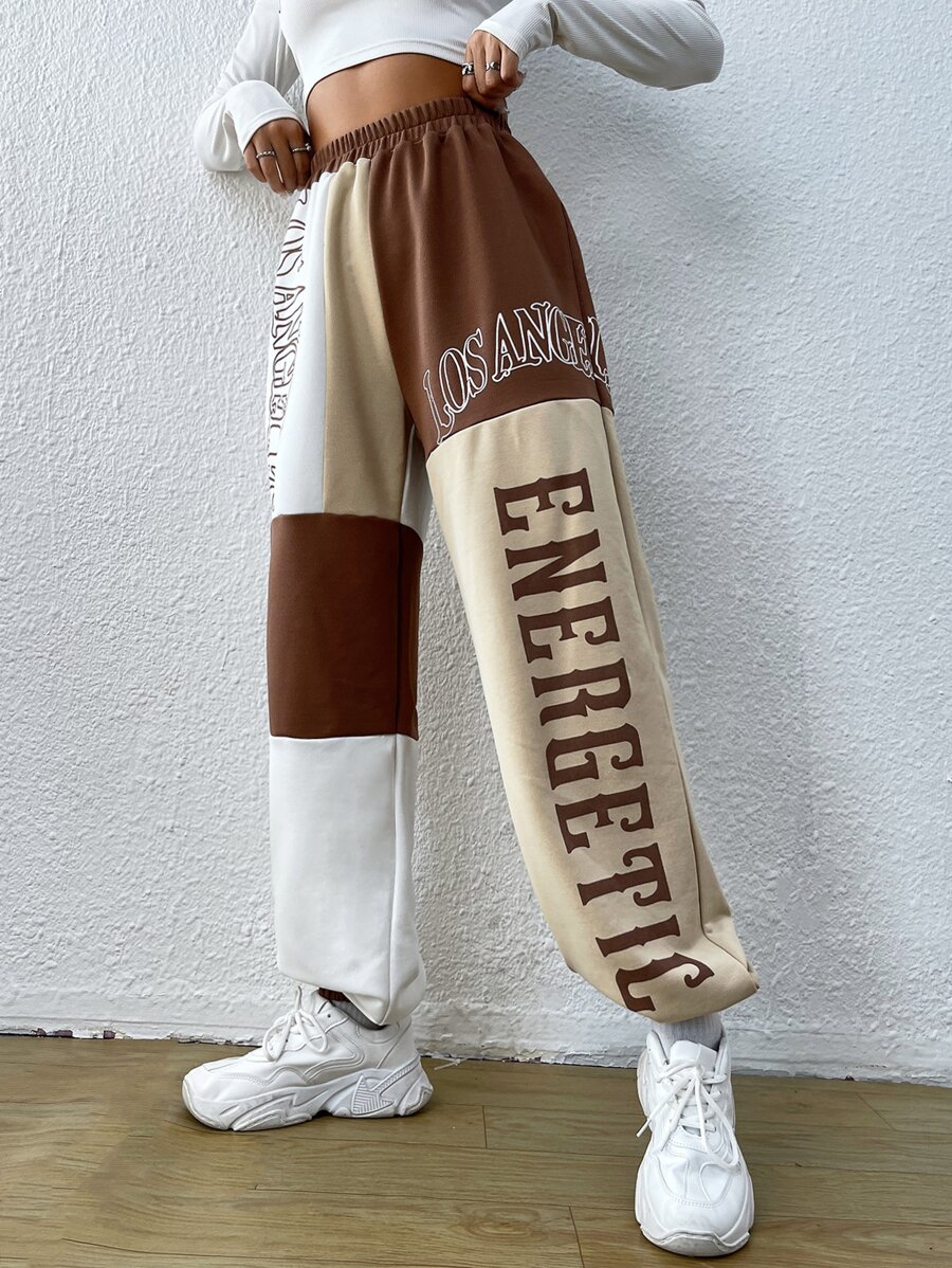 SHEIN EZwear Letter Graphic Colourblock Joggers - Multicolor - View 1
