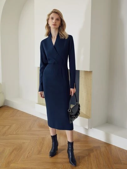 blue wrap sweater dress Women's Dress Double Cross V-Neck Ribbed Knit Dress main image 0