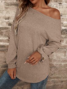 SHEIN LUNE Camiseta de cuello barco de hombros caídos bajo curvo - Albaricoque - Ver 1