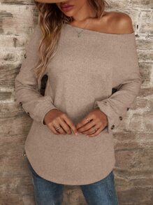 SHEIN LUNE Camiseta de cuello barco de hombros caídos bajo curvo - Albaricoque - Ver 3