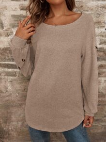 SHEIN LUNE Camiseta de cuello barco de hombros caídos bajo curvo - Albaricoque - Ver 4