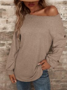 SHEIN LUNE Camiseta de cuello barco de hombros caídos bajo curvo - Albaricoque - Ver 6