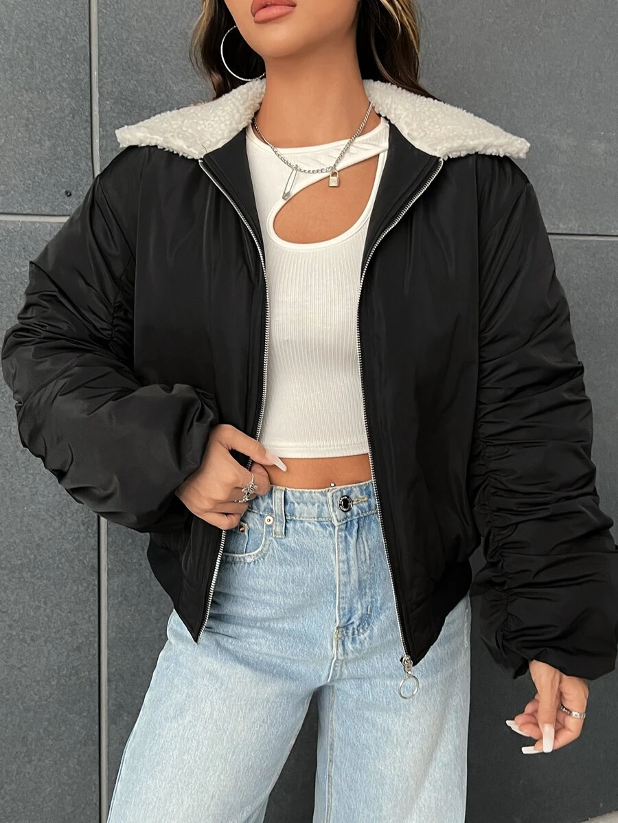 SHEIN EZwear Borg Collar Zip Up Padded Coat - Black - View 1