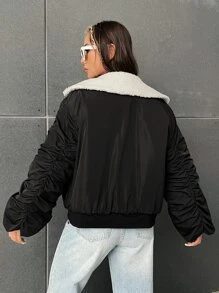 SHEIN EZwear Borg Collar Zip Up Padded Coat - Black - View 2