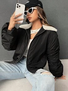 SHEIN EZwear Borg Collar Zip Up Padded Coat - Black - View 5