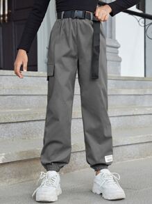 SHEIN 女孩翻蓋口袋金屬扣環腰帶工裝褲 - 深灰色 - 查看 1