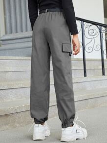 SHEIN 女孩翻蓋口袋金屬扣環腰帶工裝褲 - 深灰色 - 查看 2