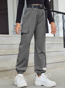 SHEIN 女孩翻蓋口袋金屬扣環腰帶工裝褲 - 深灰色 - 查看 3