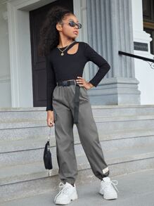 SHEIN 女孩翻蓋口袋金屬扣環腰帶工裝褲 - 深灰色 - 查看 5