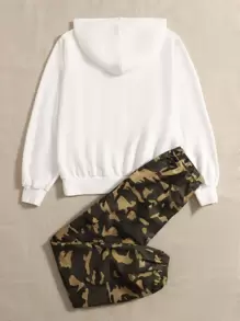 SHEIN 青少年女孩小熊印花連帽衫和迷彩長褲套裝