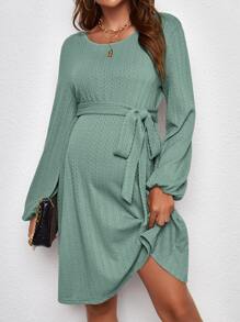 SHEIN 孕婦燈籠袖繫腰帶洋裝