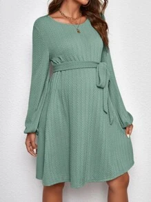 SHEIN 孕婦燈籠袖繫腰帶洋裝