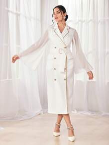 Modelyn Contrast Mesh Trumpet Sleeve Double Breasted Coat - White - View 1