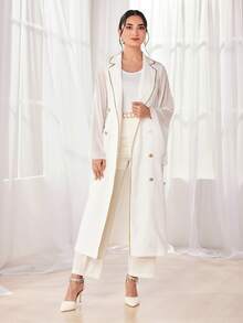 Modelyn Contrast Mesh Trumpet Sleeve Double Breasted Coat - White - View 3