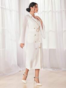 Modelyn Contrast Mesh Trumpet Sleeve Double Breasted Coat - White - View 4