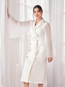 Modelyn Contrast Mesh Trumpet Sleeve Double Breasted Coat - White - View 5