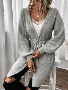 SHEIN LUNE Drop Shoulder Drawstring Waist Hooded Cardigan - Light Grey - View 3