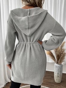 SHEIN LUNE Drop Shoulder Drawstring Waist Hooded Cardigan - Light Grey - View 4