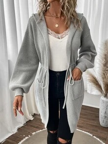 SHEIN LUNE Drop Shoulder Drawstring Waist Hooded Cardigan - Light Grey - View 5