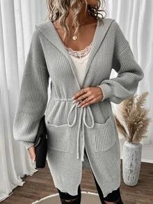 SHEIN LUNE Drop Shoulder Drawstring Waist Hooded Cardigan - Light Grey - View 2