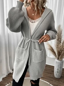 SHEIN LUNE Drop Shoulder Drawstring Waist Hooded Cardigan - Light Grey - View 6
