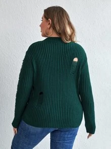 SHEIN LUNE Áo len Plus Size Gân đan Bị tách màu trơn Giải trí - Màu xanh lá cây đậm - Xem 2