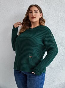 SHEIN LUNE Áo len Plus Size Gân đan Bị tách màu trơn Giải trí - Màu xanh lá cây đậm - Xem 3