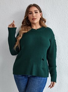 SHEIN LUNE Áo len Plus Size Gân đan Bị tách màu trơn Giải trí - Màu xanh lá cây đậm - Xem 1