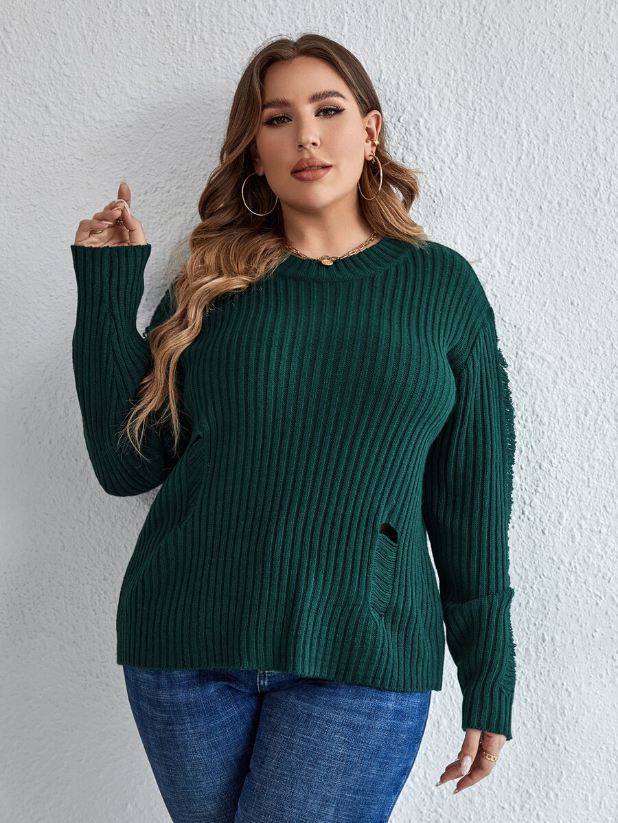 SHEIN LUNE Áo len Plus Size Gân đan Bị tách màu trơn Giải trí - Màu xanh lá cây đậm - Xem 1