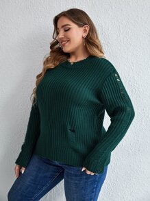 SHEIN LUNE Áo len Plus Size Gân đan Bị tách màu trơn Giải trí - Màu xanh lá cây đậm - Xem 6