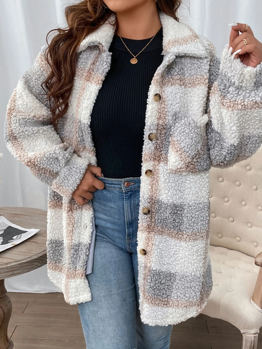 SHEIN LUNE Plus Buffalo Plaid Pattern Drop Shoulder Flannel Coat - Multicolor - View 1