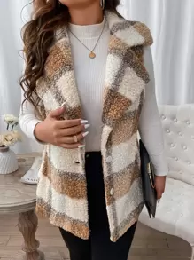 Calvaya Plus Plaid Pattern Lapel Neck Teddy Vest Coat - Multicolor - View 1