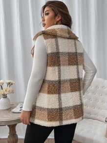 Calvaya Plus Plaid Pattern Lapel Neck Teddy Vest Coat - Multicolor - View 2