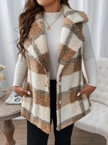 Calvaya Plus Plaid Pattern Lapel Neck Teddy Vest Coat - Multicolor - View 3