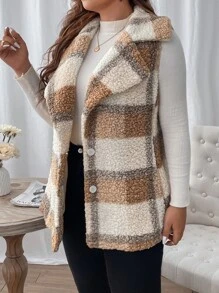 Calvaya Plus Plaid Pattern Lapel Neck Teddy Vest Coat - Multicolor - View 4